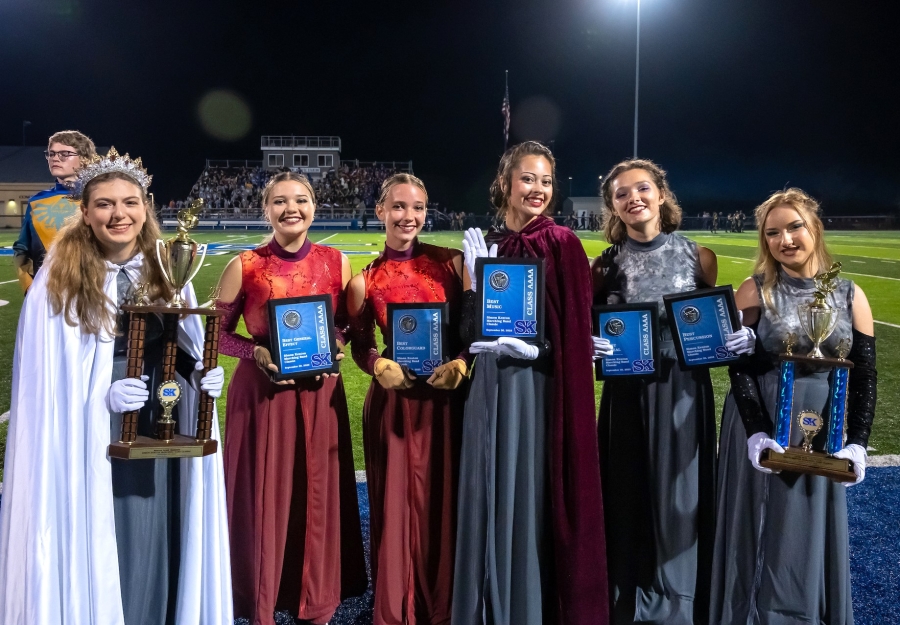 Marching Band members with trophies from Simon Kenton competition